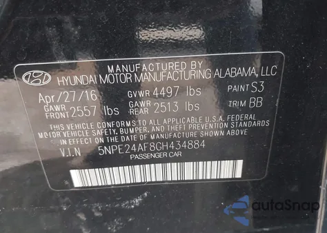 2016 Hyundai Sonata Se from USA, damaged, VIN 5NPE24AF8GH434884